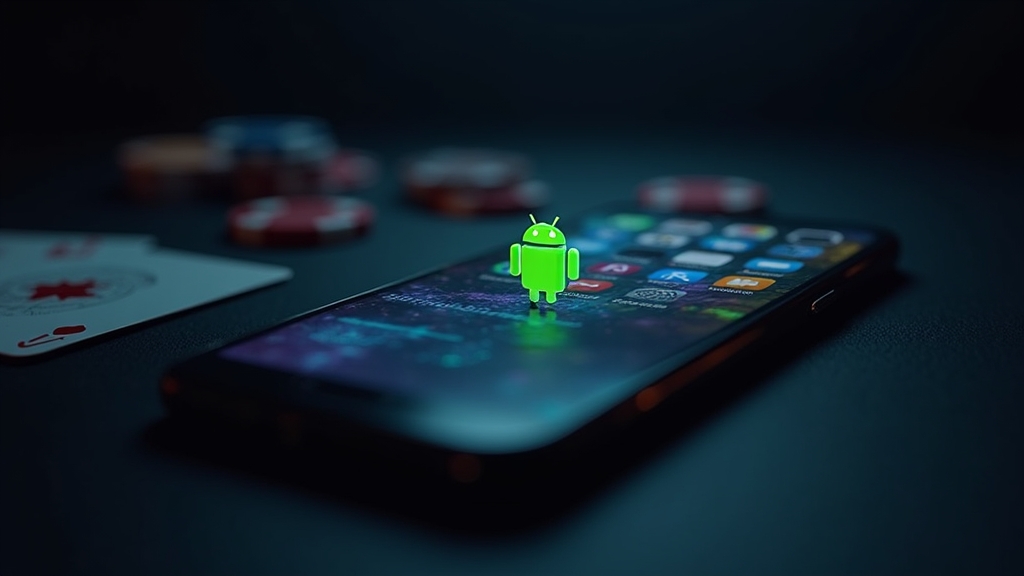 Telefon z ikonami pobierania na Androida i iPhone’a w kasynowym klimacie