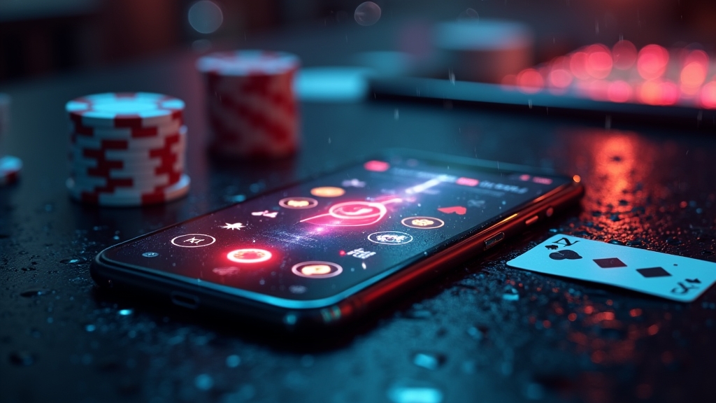 Smartfon z mobilnym interfejsem kasyna na ciemnym stole
