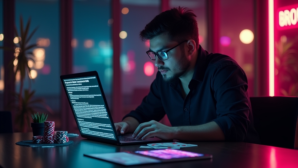 Nowy gracz sprawdza bonus bez depozytu w ciemnym, neonowym kasynie online