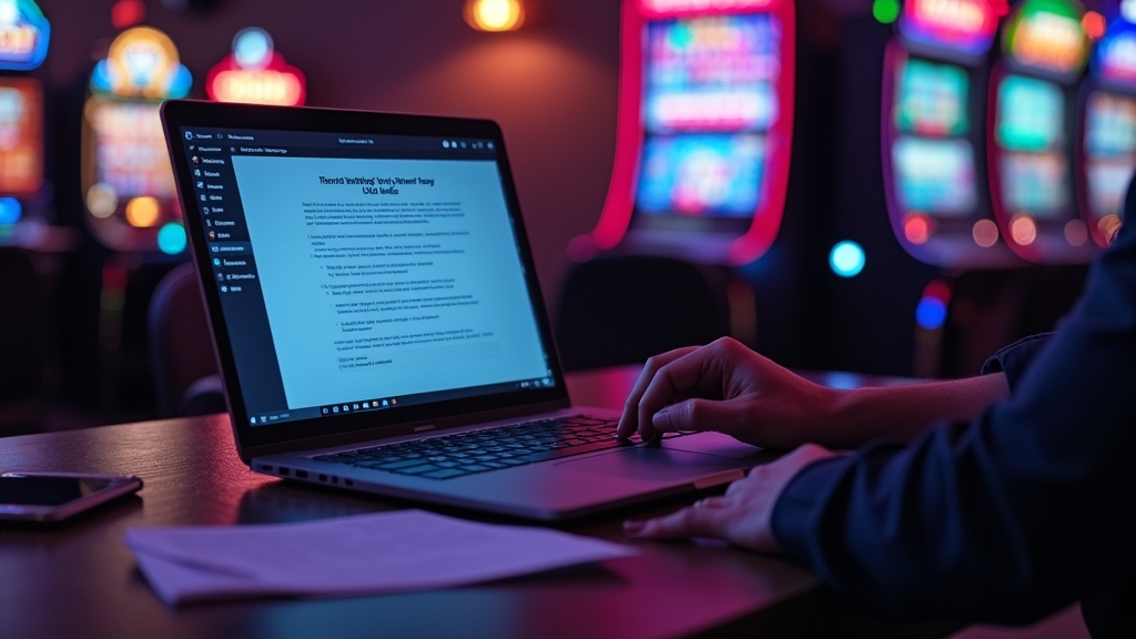 Gracz sprawdza warunki bonusa i weryfikację konta przy laptopie