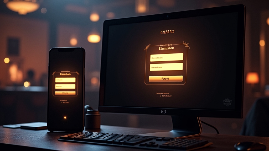 Smartfon i komputer z ekranem logowania w mrocznym kasynowym wnętrzu